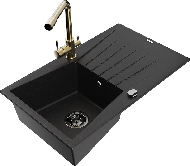Zlewozmywak granitowy Mexen Cesar 1-komorowy z ociekaczem i baterią kuchenną Duo czarny - 6514-77-671701-07 1 szt.
