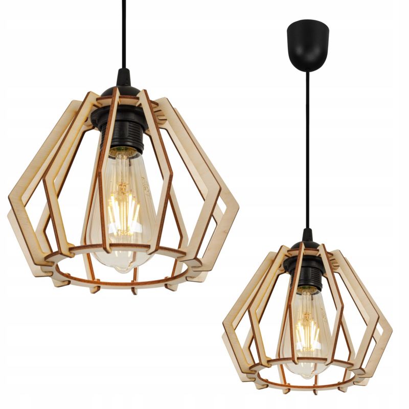 Lampa sufitowe wisząca Light Home LH Timber plastik 1x E27 60W klosz drewno diament naturalny/czarny 1szt.