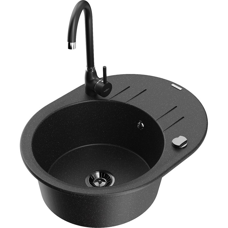 Zlewozmywak granitowy 1-komorowy Mexen Kevin z ociekaczem i baterią Telma czarny/srebrny metalik - 6517-73-670200-50 1 szt.