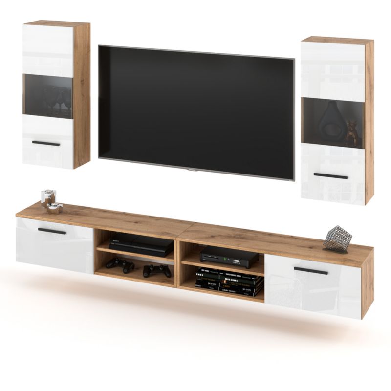 Meblościanka Hurtownia-Mebli 4 Drzwi Bandle 240cm Dąb Wotan Biały Połysk 240x40x135 cm 1szt.