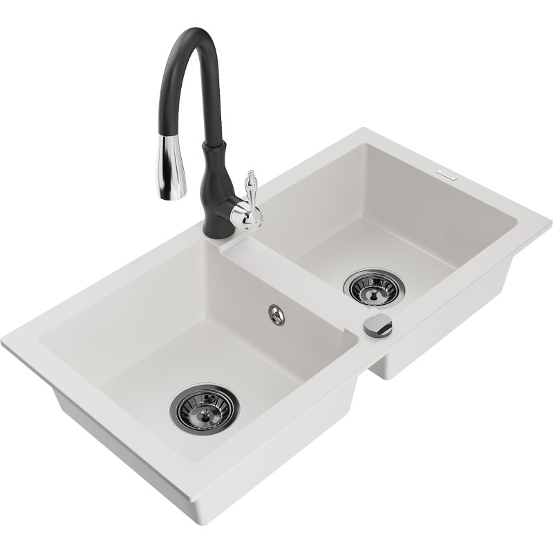 Zlewozmywak granitowy 2-komorowy Mexen Mario z baterią kuchenną Savita czarny - 6504-77-672601-70 1 szt.