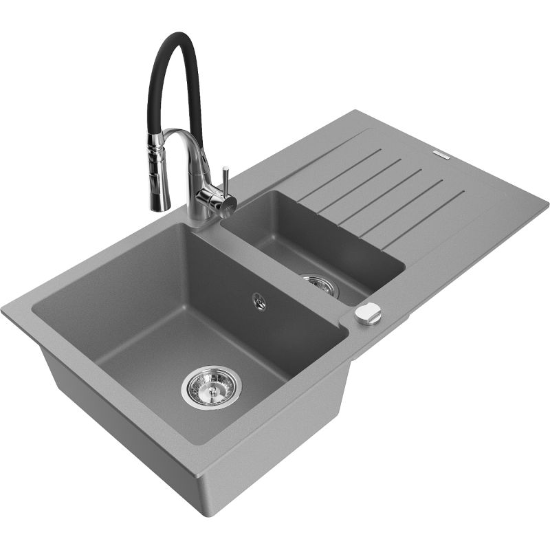 Zlewozmywak granitowy 1.5-komorowy Mexen Matias z ociekaczem i baterią kuchenną Aster szary 6502-71-73450-07