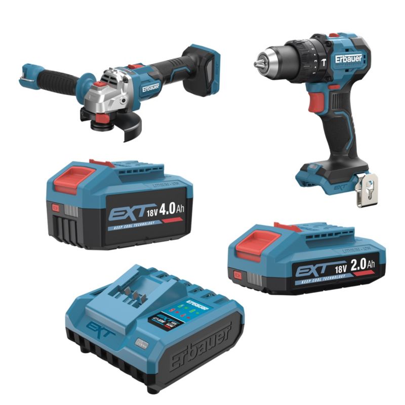 Zestaw wiertarko-wkrętarka + szlifierka kątowa 125 mm Erbauer 18V 2/4Ah