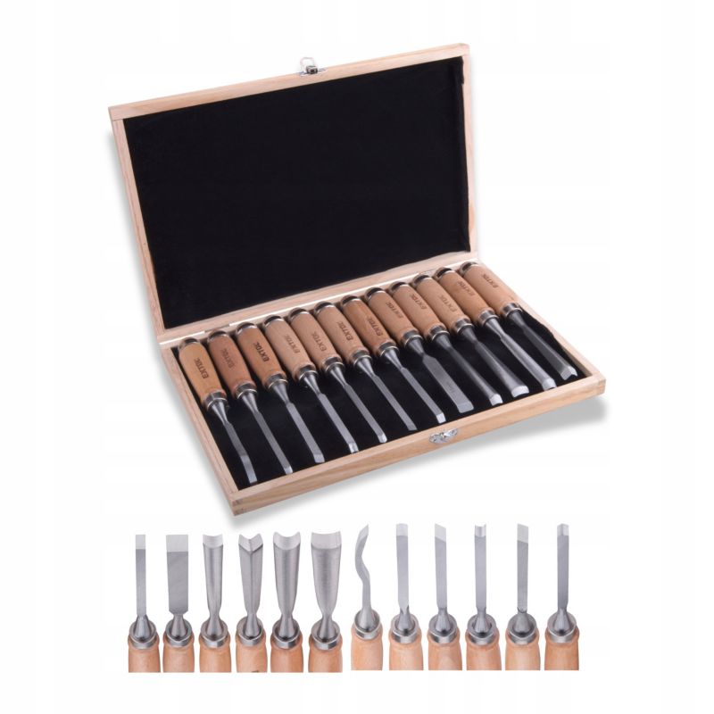 Dłuta rzeźbiarskie Extol stolarskie do drewna zestaw różne kształty kasetka 12 szt