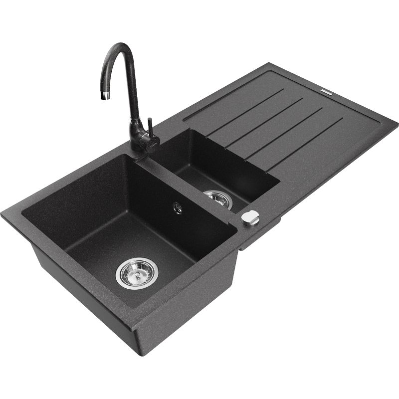 Zlewozmywak granitowy 1.5-komorowy Mexen Andres z ociekaczem i baterią kuchenną Telma czarny/srebrny - 6515-73-670200-70 1 szt.