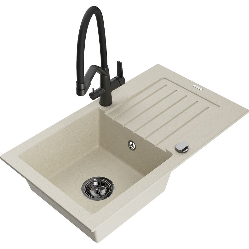 Zlewozmywak granitowy 1-komorowy Mexen Pablo z ociekaczem i baterią kuchenną Duo biały - 6510-20-671701-70-B 1 szt.