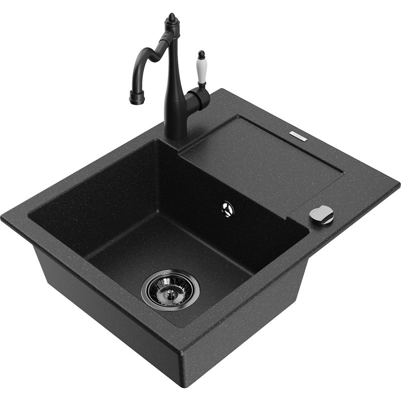Zlewozmywak granitowy 1-komorowy Mexen Enzo z ociekaczem i baterią kuchenną Carla czarny/srebrny metalik 6506-73-670700-70-B