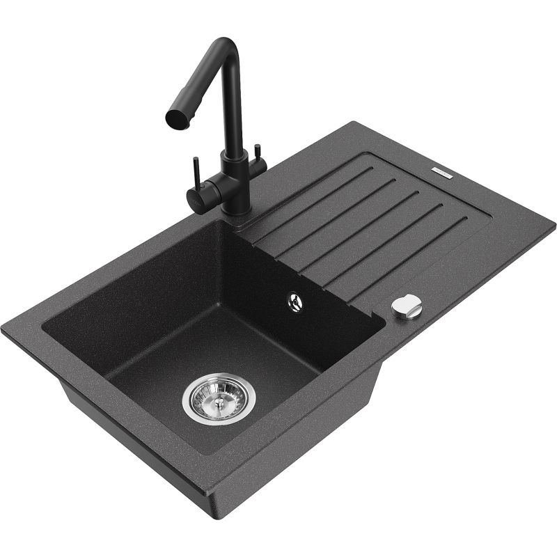 Zlewozmywak granitowy 1-komorowy Mexen Pablo z ociekaczem i baterią kuchenną Duero czarny nakrapiany 6510-76-671600-70