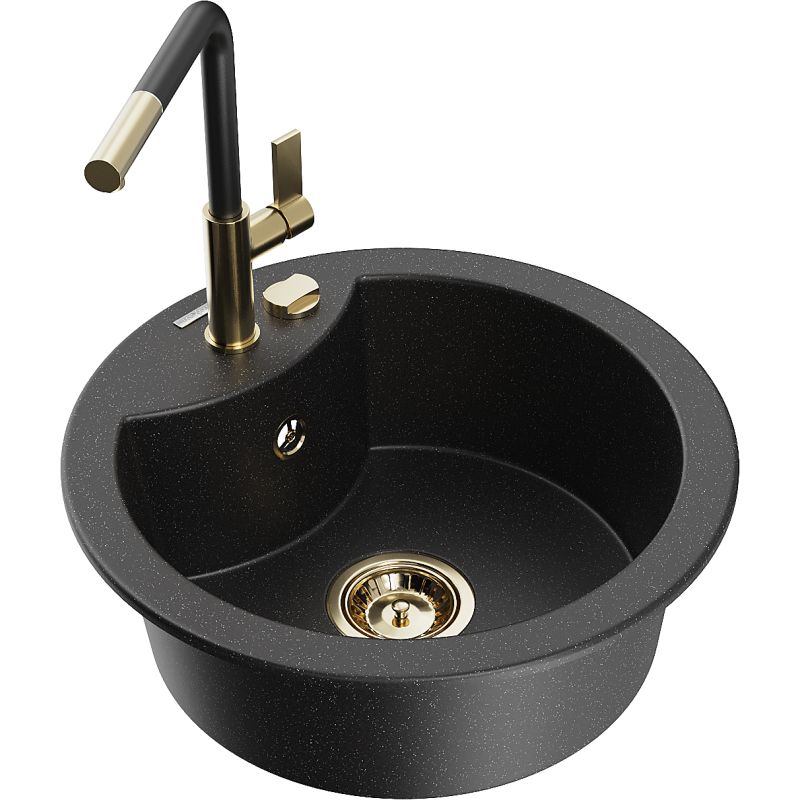 Zlewozmywak granitowy 1-komorowy Mexen Diego z baterią kuchenną Flora czarny/srebrny metalik 6512-73-670401-57-G