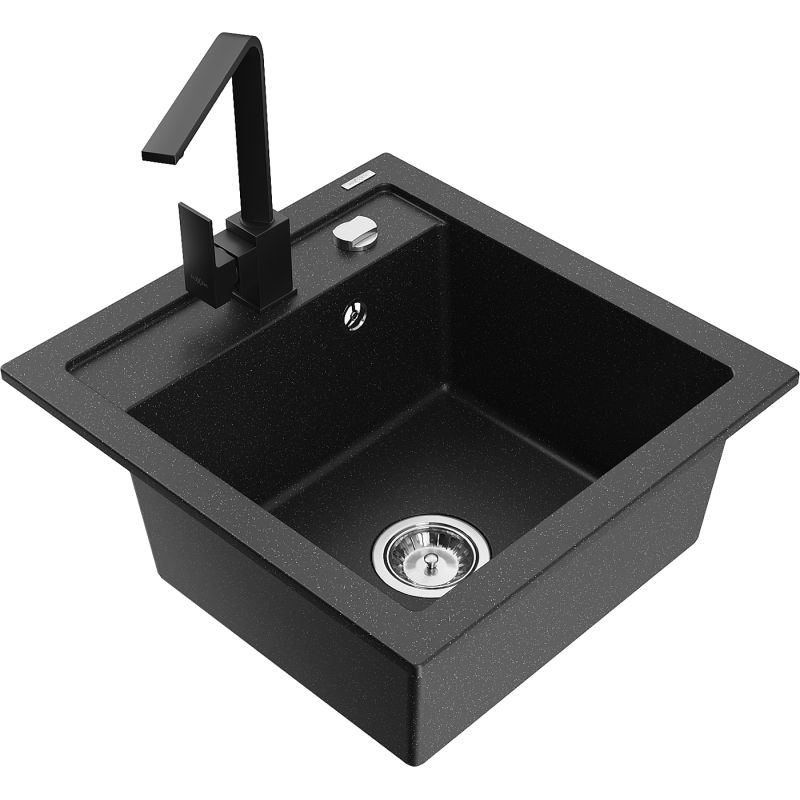 Zlewozmywak granitowy 1-komorowy Mexen Vito z baterią kuchenną Rita czarny/srebrny metalik - 6503-73-670300-50 1 szt.