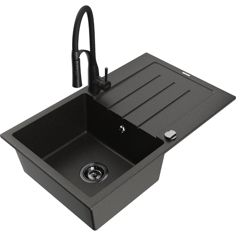 Zlewozmywak granitowy 1-komorowy Mexen Bruno z ociekaczem i baterią kuchenną Carla biały - 6513-20-670700-70 1 szt.