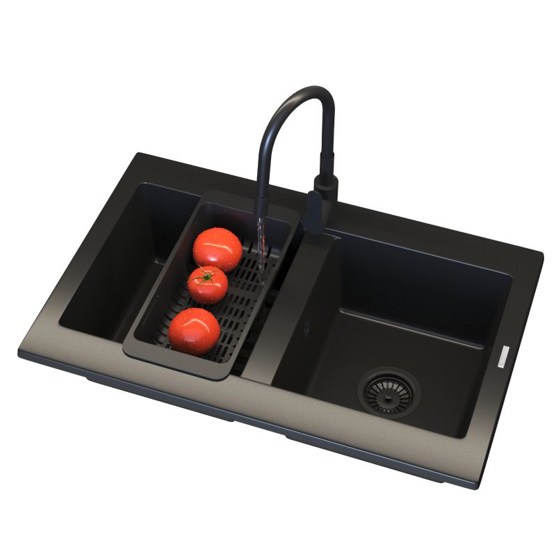 Zlewozmywak Granitowy Kuchenny Granitan Verso Czarny Zestaw Zlewozmywak Bateria Syfon Koszyk Dozownik 1 kpt.