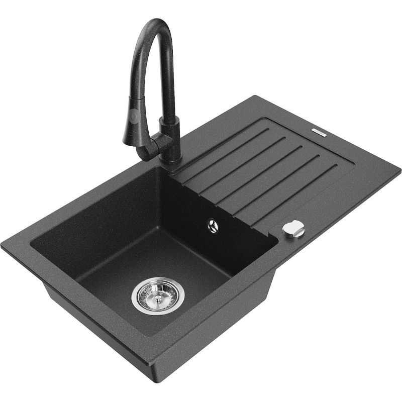 Zlewozmywak granitowy 1-komorowy Mexen Pablo z ociekaczem i baterią Elia czarny/srebrny metalik - 6510-73-670101-70-B 1 szt.