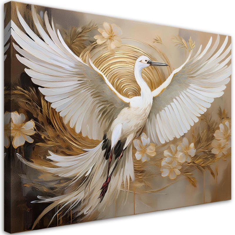 Obraz do salonu sypialni Feeby Biały Żuraw Ptak Kwiaty 100x70 cm 1szt