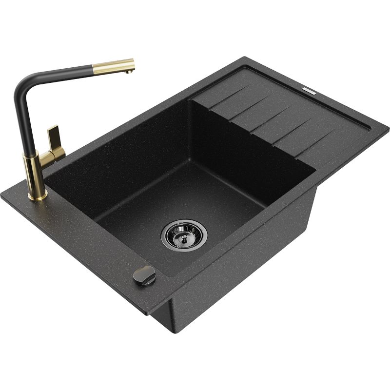 Zlewozmywak granitowy 1-komorowy Mexen Elias z ociekaczem i baterią kuchenną Flora czarny/srebrny metalik 6511-73-670401-57-B