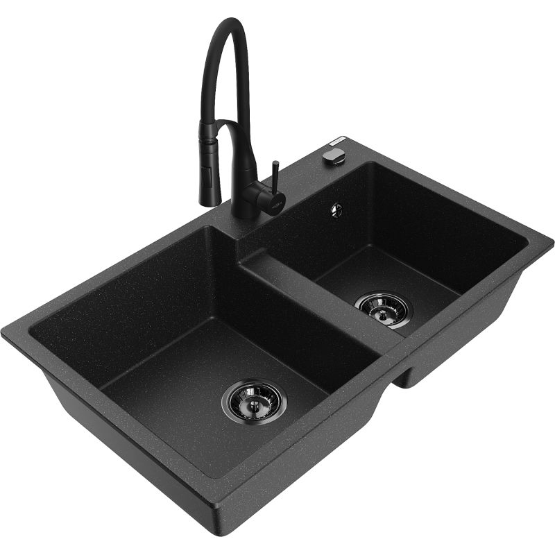 Zlewozmywak granitowy 2-komorowy Mexen Tomas z baterią kuchenną Aster czarny/złoty metalik - 6516-75-73450-70-B 1 szt.