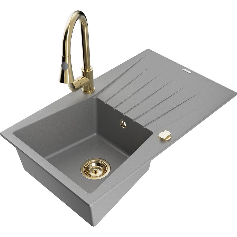 Zlewozmywak granitowy 1-komorowy Mexen Cesar z ociekaczem i baterią kuchenną Elia szary - 6514-71-670101-70-B 1 szt.