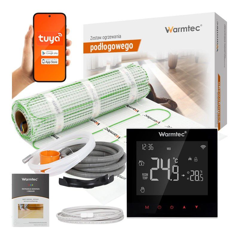 Mata grzewcza grzejna pod płytki Warmtec 15m² 100W/m² Wi-Fi zestaw czarny regulator DSE-150/SRT20W 1szt.