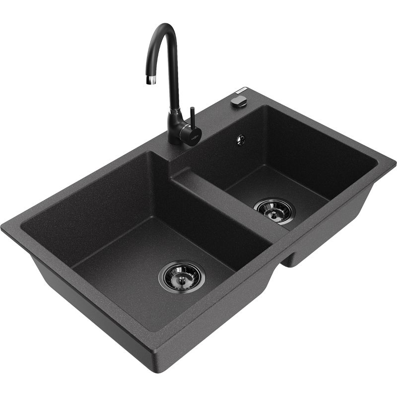 Zlewozmywak granitowy 2-komorowy Mexen Tomas z baterią kuchenną Telma czarny nakrapiany 6516-76-670200-70-B