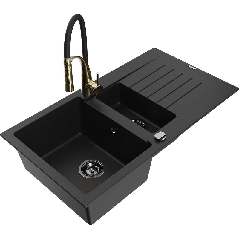 Zlewozmywak granitowy 1.5-komorowy Mexen Matias z ociekaczem i baterią kuchenną Aster czarny - 6502-77-73450-57-G 1 szt.