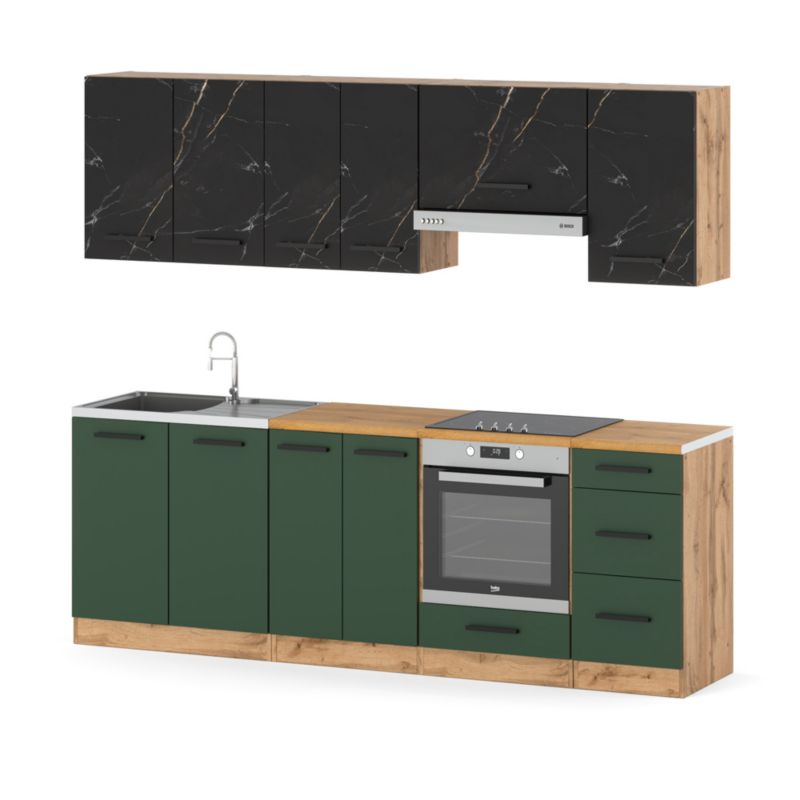 Zestaw Kuchenny Hurtownia-Mebli Z Blatem Kuchnia Mokka Plus 240cm Dąb Wotan San Sebastian/Butelkowa Zieleń 240x47x145 cm 1szt.
