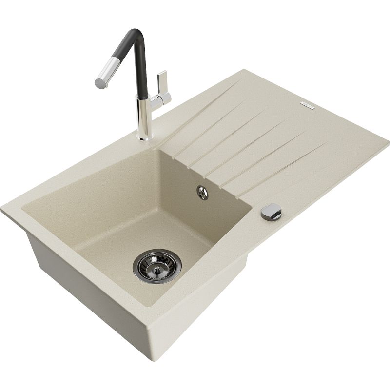 Zlewozmywak granitowy 1-komorowy Mexen Cesar z ociekaczem i baterią kuchenną Flora beżowy 6514-69-670401-07-B