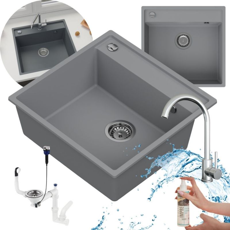 Zestaw zlewozmywak kuchenny GranMaster Magma 1-komorowy bez ociekacza, syfonem, impregnatem i baterią, tytan 1szt.