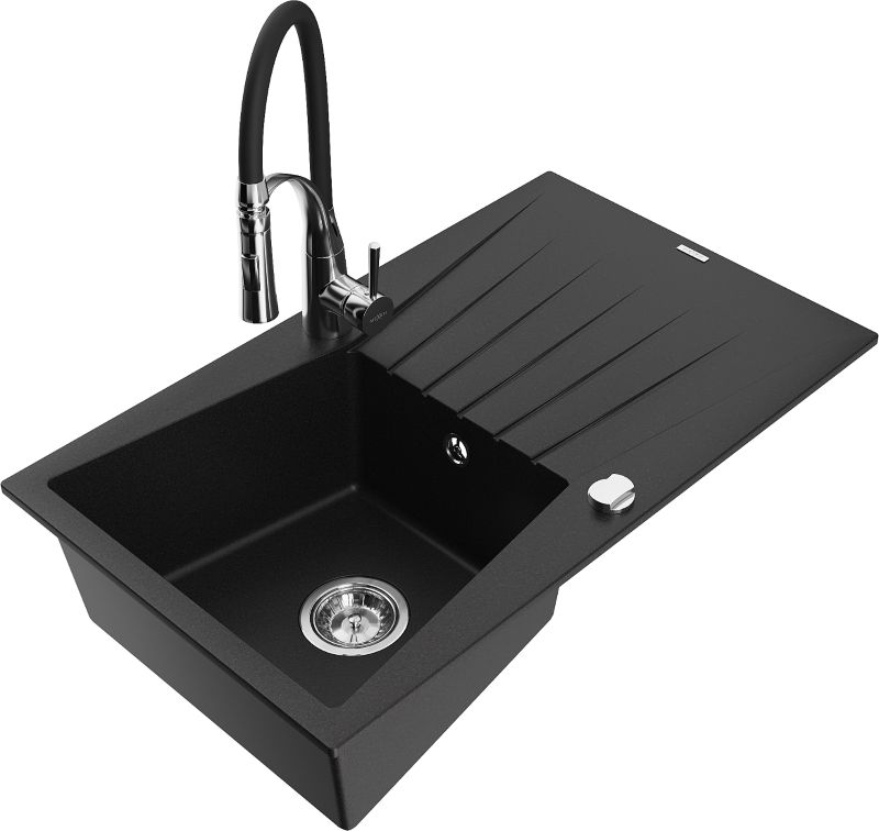 Zlewozmywak granitowy Mexen Cesar 1-komorowy z ociekaczem i baterią kuchenną Aster czarny - 6514-77-73450-57-B 1 szt.