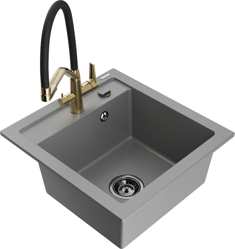 Zlewozmywak granitowy Mexen Vito 1-komorowy z baterią kuchenną Elia czarny - 6503-76-670101-76 1 szt.
