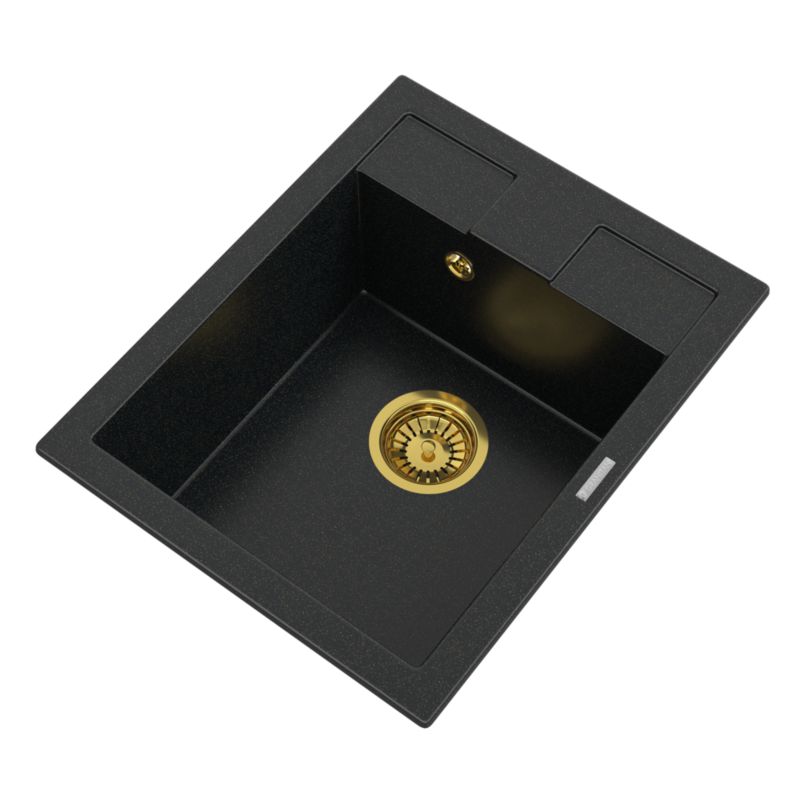Zlewozmywak Granitowy Jednokomorowy Granitan Best CZARNY Czarny Z Złotymi Drobinkami Syfon Złoty 1 Kpl.