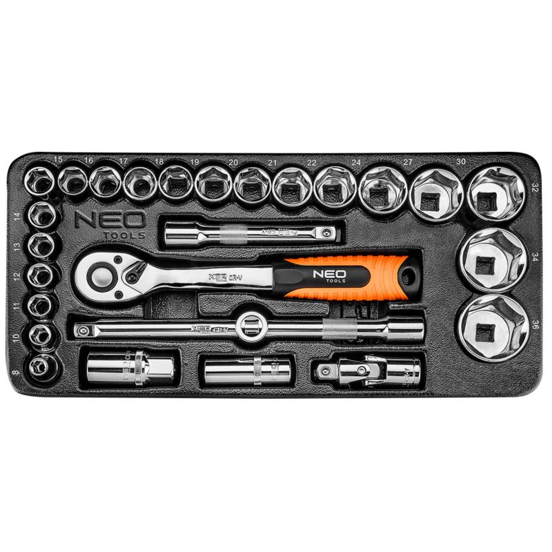 Klucze nasadowe NEO TOOLS 1/2", zestaw 27 szt., wkładka 1 kpl