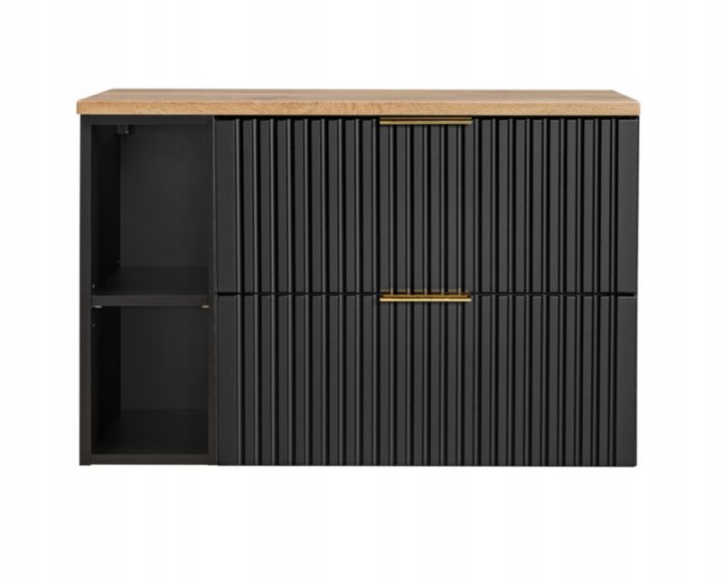Szafka pod umywalkę Furnidea 100 cm czarny mat z blatem dąb Wotan i regałem czarny mat Adel 1 szt.