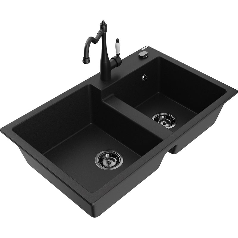 Zlewozmywak granitowy 2-komorowy Mexen Tomas z baterią kuchenną Carla czarny nakrapiany - 6516-76-670700-76 1 szt.