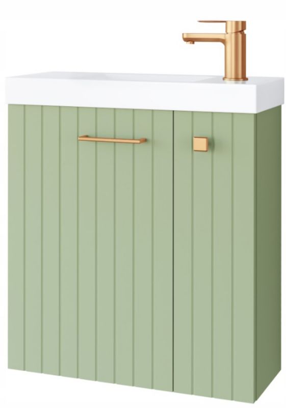 Szafka łazienkowa Furnidea 55 cm z umywalką szałwia mat miedziany uchwyt Nook 1 szt.