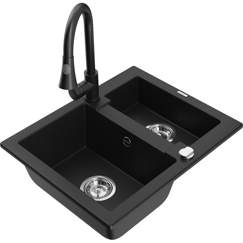 Zlewozmywak granitowy 1.5-komorowy Mexen Carlos z baterią kuchenną Elia czarny 6518-77-670101-70