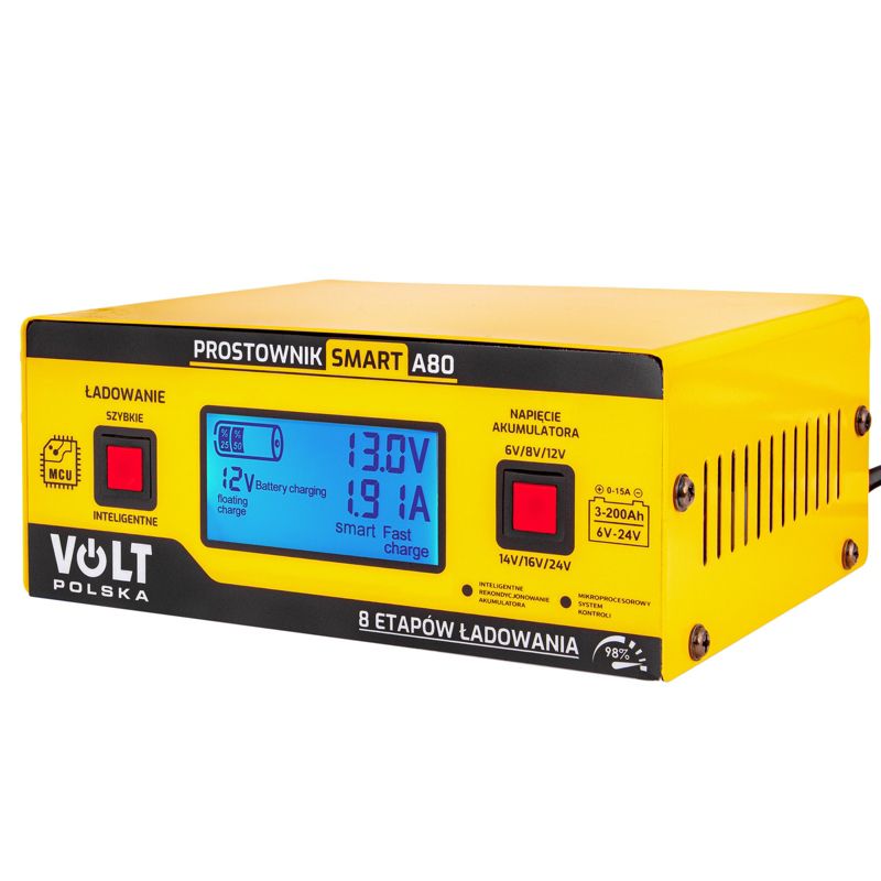 Prostownik ładowarka do akumulatora VOLT POLSKA LCD 6/8/12/14/16/24V 15A SMART A80 1szt.