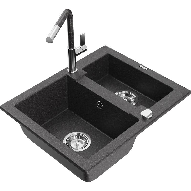 Zlewozmywak granitowy 1.5-komorowy Mexen Carlos z baterią kuchenną Flora czarny nakrapiany 6518-76-670401-08