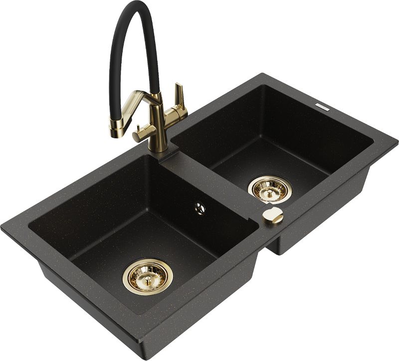 Zlewozmywak granitowy Mexen Mario 2-komorowy z baterią kuchenną Duo czarny/złoty 6504-75-671701-57-G