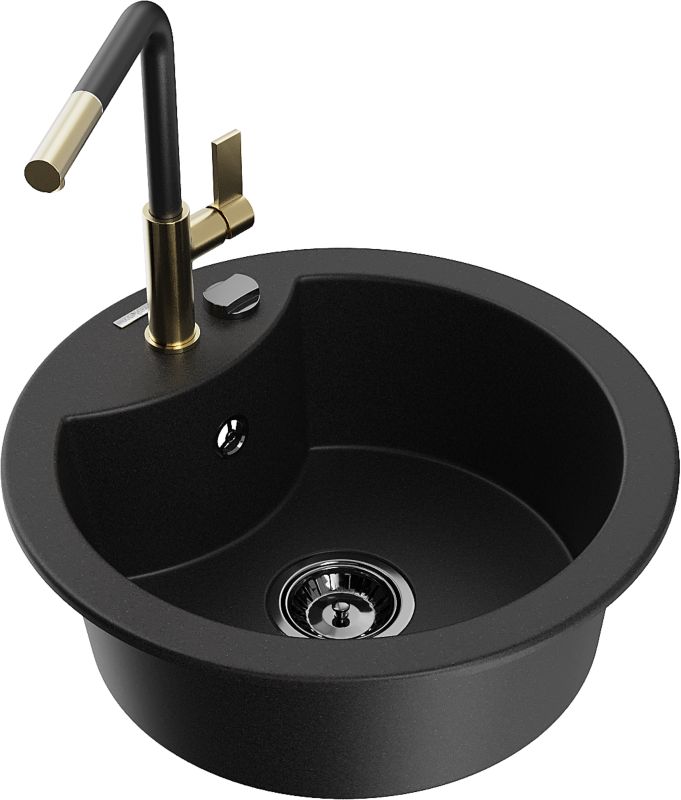 Zlewozmywak granitowy Mexen Diego 1-komorowy z baterią kuchenną Flora czarny 6512-77-670401-57-B