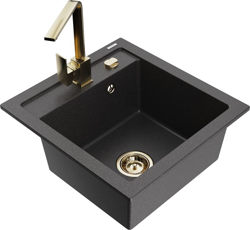 Zlewozmywak granitowy Mexen Vito 1-komorowy z baterią kuchenną Rita czarny 6503-76-670300-50