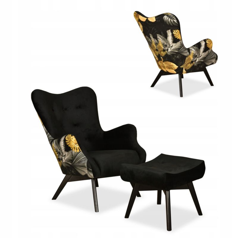 Fotel uszak do salonu z podnóżkiem Family Meble Luna Print Duo czarny 1szt