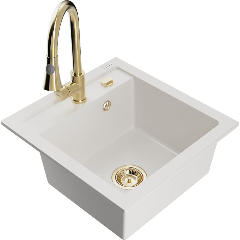 Zlewozmywak granitowy 1-komorowy Mexen Vito z baterią kuchenną Elia biały 6503-20-670101-50