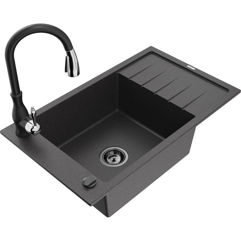 Zlewozmywak granitowy 1-komorowy Mexen Elias z ociekaczem i baterią Savita czarny/srebrny metalik - 6511-73-672601-00 1 szt.