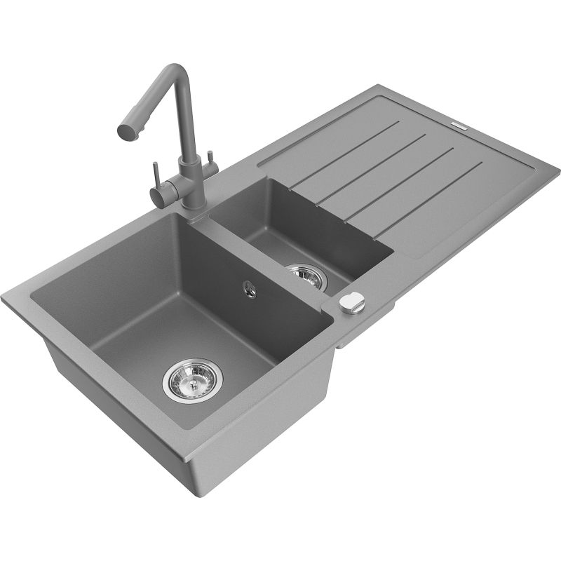 Zlewozmywak granitowy 1.5-komorowy Mexen Andres z ociekaczem i baterią kuchenną Duo czarny - 6515-77-671701-07 1 szt.