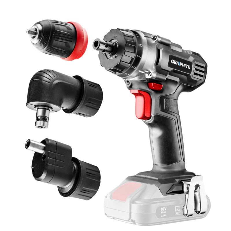 Wiertarko-wkrętarka akumulatorowa GRAPHITE Energy+ 18V, zdejmowany uchwyt 10 mm, plus adapter kątowy i krawędziowy 1 kpl