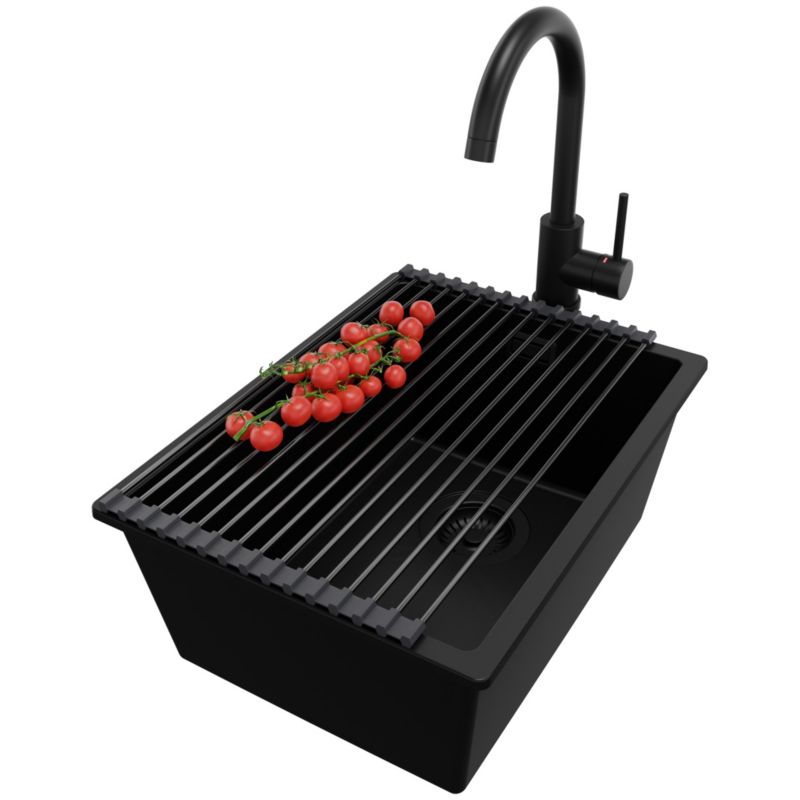 Zlewozmywak Granitowy Londyn Slim PRIMAGRAN Nablatowy 36x47cm do szafki od 40cm z Syfonem i Baterią i Dodatkiem Cały Czarny 1 szt.