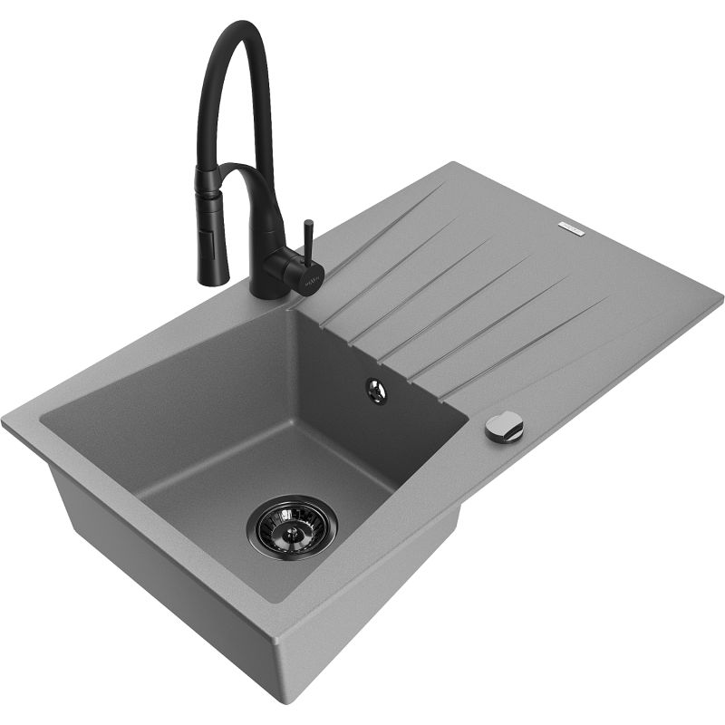 Zlewozmywak granitowy 1-komorowy Mexen Cesar z ociekaczem i baterią kuchenną Aster szary - 6514-71-73450-07 1 szt.