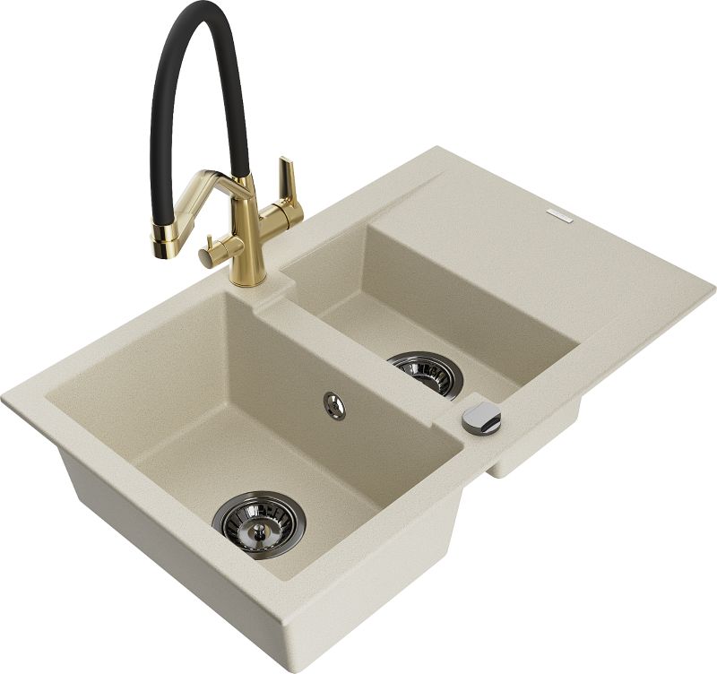 Zlewozmywak granitowy Mexen Gaspar 1,5-komorowy z ociekaczem i baterią kuchenną Duo beżowy 6507-69-671701-57-B