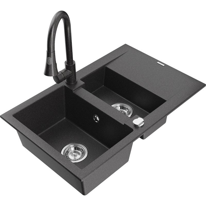 Zlewozmywak granitowy 1.5-komorowy Mexen Gaspar z ociekaczem i baterią kuchenną Elia czarny nakrapiany - 6507-76-670101-00 1 szt.