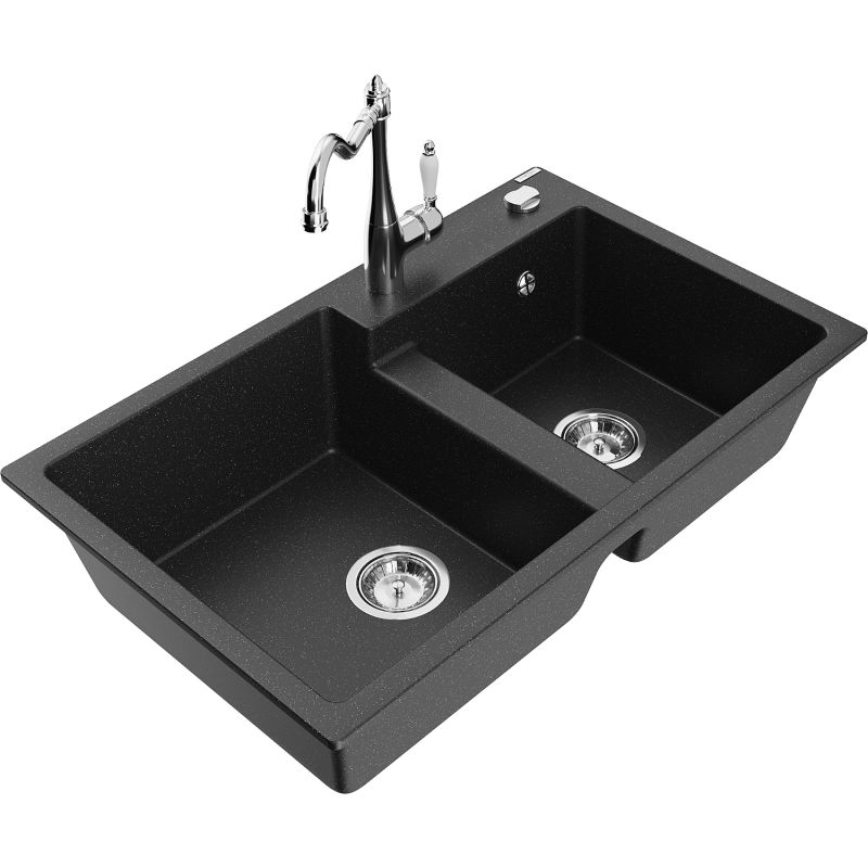 Zlewozmywak granitowy 2-komorowy Mexen Tomas z baterią kuchenną Carla czarny/srebrny metalik 6516-73-670700-00